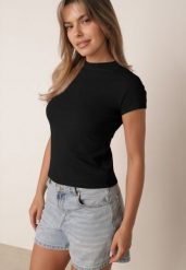 Czarny Gładki T-shirt z Wiskozy ze Stójką w Minimalistycznym Stylu Deleus. Czarne t-shirty Born2be, l, z aplikacjami, z jeansu, bez kołnierzyka, bez ramiączek. Za 39.99 zł.