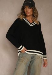 Czarny Sweter Preppy z Dodatkiem Kaszmiru Lincire. Czarne swetry Renee, z aplikacjami, z dzianiny, bez ramiączek. Za 119.99 zł.