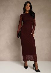 Bordowa Koronkowa Sukienka Typu Longsleeve o Dopasowanym Kroju Zenoresa. Czerwone sukienki Renee, na imprezę, l, bez wzorów, z koronki, eleganckie, bez kołnierzyka, bez ramiączek, dopasowane. Za 159.99 zł.