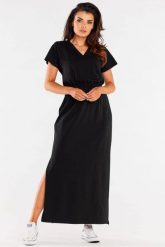 Długa sukienka z krótkim rękawem i gumą w pasie czarna. Czarne sukienki Infinite You, xl, bez wzorów, z gumy, bez kołnierzyka, bez ramiączek, maxi. Za 259.00 zł.