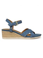 Geox Skórzane sandały "Ischia Corda" w kolorze błękitnym na koturnie rozmiar: 36. Niebieskie sandały Geox, bez wzorów, ze skóry, z otwartym noskiem, bez obcasa, na koturnie, bez zapięcia. Za 202.98 zł.