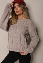 Szary Sweter z Wełną Ozdobnym Splotem i Ściągaczem Nariae. Szare swetry Renee, uniwersalny, bez wzorów, z jeansu, bez ramiączek. Za 54.99 zł.