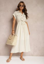 Beżowa Sukienka z Wiskozy o Rozkloszowanym Kroju z Gumką w Pasie i Napami Memvia. Brązowe sukienki Renee, na co dzień, l, bez wzorów, z wiskozy, eleganckie, bez kołnierzyka, bez ramiączek, maxi, kopertowe. Za 99.99 zł.