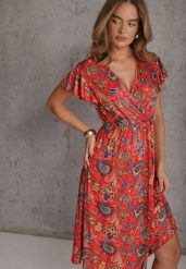 Czerwona Kopertowa Sukienka z Domieszką Wiskozy Zdobiona Wzorem Paisley Nesaleia. Czerwone sukienki Renee, na co dzień, l, z aplikacjami, z materiału, casualowe, bez kołnierzyka, bez ramiączek, midi, kopertowe. Za 69.99 zł.