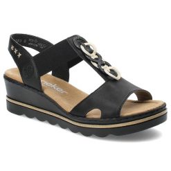 Czarne Sandały Rieker Modne Obuwie Damskie. Czarne sandały Rieker, bez wzorów, klasyczne, bez obcasa, na koturnie, bez zapięcia. Za 287.99 zł.