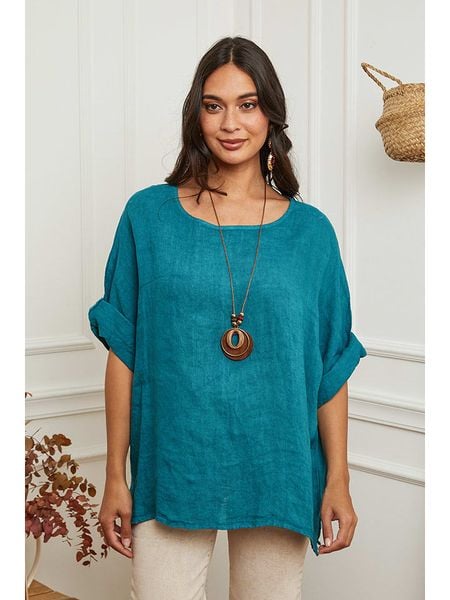 La Compagnie Du Lin Lniana bluzka "Under" w kolorze turkusowym rozmiar: M. Niebieskie bluzki La Compagnie Du Lin, m, bez wzorów, ze lnu, bez kołnierzyka, bez ramiączek. Za 135.49 zł.