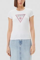 GUESS Biały damski t-shirt z logo z cyrkoniami Triangle Rhinestones, Rozmiar XL. Białe t-shirty Guess, xl, z aplikacjami, bez kołnierzyka, bez ramiączek. Za 239.99 zł.