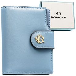 Portfel damski ze skóry ekologicznej w błękitnym kolorze, wyposażony w system RFID - Rovicky. Niebieskie portfele ROVICKY, bez wzorów, ze skóry ekologicznej. Za 89.99 zł.