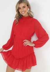 Czerwona Plisowana Sukienka Mini Rophe. Czerwone sukienki Born2be, bez wzorów, bez kołnierzyka, bez ramiączek, mini, rozkloszowane. Za 109.99 zł.