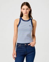 DAMSKA KOSZULKA WRANGLER RINGER TANK MAZARINE BLUE 112362567. Niebieskie bluzki Wrangler, xl, bez wzorów, bez kołnierzyka, bez ramiączek. Za 79.99 zł.