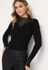 Czarny Golf z Przeźroczystymi Wstawkami Faelis. Czarne golfy Born2be, z aplikacjami, z dzianiny, bez ramiączek. Za 54.99 zł.