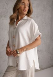 Biała Oversizowa Koszula z Wiskozy na Krótki Rękaw z Oryginalnymi Guzikami Isea. Białe koszule Renee, l, bez wzorów, z materiału, eleganckie, bez kołnierzyka, bez ramiączek. Za 89.99 zł.
