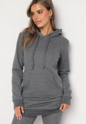 Ciemnoszara Bluza z Bawełną z Kapturem Ozdobiona Sznurkami Mivonia. Szare bluzy Born2be, l, bez wzorów, z bawełny, z kapturem. Za 49.99 zł.