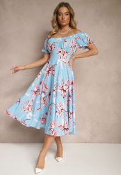 Niebieska Sukienka z Bawełną Rozkloszowana w Kwiatowy Print z Dekoltem Łódką Annirna. Niebieskie sukienki Renee, na co dzień, na lato, l, bez wzorów, z bawełny, eleganckie, bez kołnierzyka, bez ramiączek, midi, rozkloszowane. Za 49.99 zł.