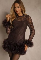 Brązowa Dopasowana Koronkowa Sukienka Koktajlowa z Tiulowymi Aplikacjami Kretalia. Brązowe sukienki Renee, na imprezę, m, z aplikacjami, z koronki, wizytowe, bez kołnierzyka, bez ramiączek, dopasowane. Za 219.99 zł.