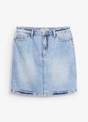 Spódnica dżinsowa mid waist, low stretch. Niebieskie spódnice bonprix, bez wzorów, z denimu, mini. Za 74.99 zł.