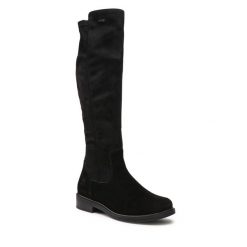 Kozaki Remonte. Czarne kozaki Remonte, bez obcasa, na płaskiej podeszwie, bez zapięcia. Za 449.99 zł.