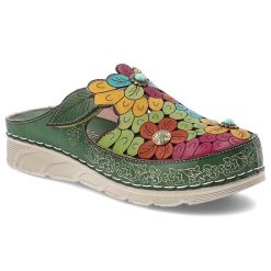 Klapki damskie Laura Vita, kwiatowa cholewka ze skóry naturalnej ozdobne aplikacje wygodna podeszwa codzienny letni fason, zielone, Dorry 22 AJ1819-B. Zielone klapki Laura Vita, z aplikacjami, ze skóry, bez obcasa. Za 309.00 zł.