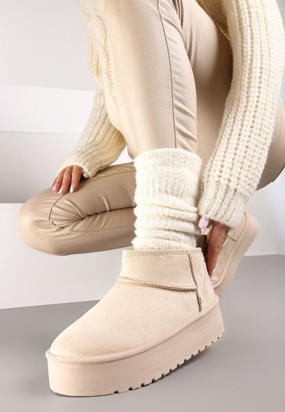 Beżowe Wsuwane Śniegowce na Gładkiej Platformie Merileeanne. Brązowe trapery i śniegowce Renee, z jeansu. Za 89.99 zł.