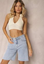 Jasnoniebieskie Jeansowe Szorty High Waist Bawełniane Nelaitha. Niebieskie szorty Renee, bez wzorów, z bawełny, eleganckie, z podwyższonym stanem. W wyprzedaży za 76.99 zł.
