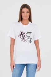 KARL LAGERFELD Biały damski t-shirt Ikonik Varsity Tee, Rozmiar M. Białe t-shirty KARL LAGERFELD, m, bez wzorów, z bawełny, bez kołnierzyka, bez ramiączek. W wyprzedaży za 249.99 zł.