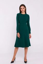 Elegancka sukienka rozkloszowana z paskiem butelkowa zieleń. Zielone sukienki Stylove, do pracy, l, bez wzorów, z elastanu, biznesowe, bez kołnierzyka, bez ramiączek, rozkloszowane. Za 389.00 zł.