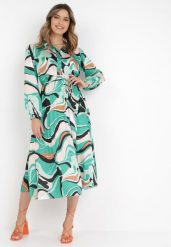 Zielona Sukienka Dynaia. Zielone sukienki Born2be, na imprezę, bez wzorów, z materiału, eleganckie, bez kołnierzyka, bez ramiączek, midi, plisowane. Za 29.99 zł.