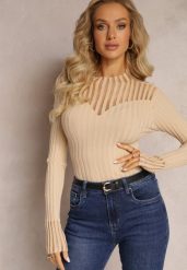 Beżowy Golf z Prześwitującymi Wstawkami Nirelle. Brązowe golfy Renee, z aplikacjami, z dzianiny, bez ramiączek. Za 49.99 zł.