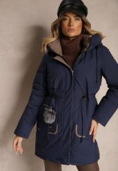 Granatowa Kurtka Parka ze Ściągaczami w Talii i Kapturem Zdobiona Zawieszką Zeriena. Niebieskie kurtki Renee, l, z aplikacjami, z jeansu. Za 294.99 zł.