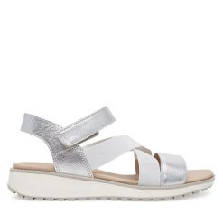 Sandały Caprice. Szare sandały Caprice, bez wzorów, bez obcasa, na koturnie, bez zapięcia. Za 229.99 zł.