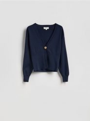 Kardigan z ozdobnym zapięciem - granatowy. Niebieskie kardigany Reserved, l, bez wzorów, z dzianiny. Za 169.99 zł.