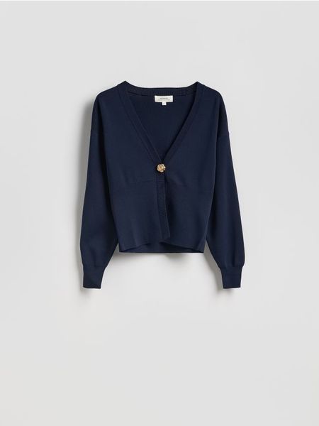 Kardigan z ozdobnym zapięciem - granatowy. Niebieskie kardigany Reserved, l, bez wzorów, z dzianiny. Za 169.99 zł.