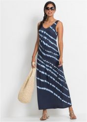 Sukienka maxi z batikowym nadrukiem. Niebieskie sukienki bonprix, na lato, z aplikacjami, bez kołnierzyka, bez ramiączek, maxi. Za 99.99 zł.