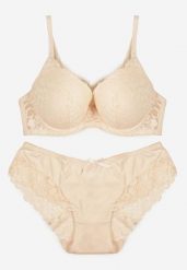 Jasnobeżowy Koronkowy Komplet Majtki Figi i Biustonosz Eziselle. Brązowe figi Renee, bez wzorów, z jeansu. Za 39.99 zł.