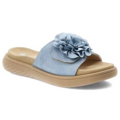 Niebieskie Klapki Rieker Wygodne Obuwie Damskie Z Kwiatem. Niebieskie klapki Rieker, bez wzorów, bez obcasa. Za 287.90 zł.