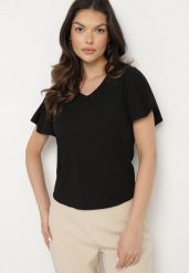 Czarna Bluzka z Szerokimi Rękawami Sunevia. Czarne bluzki Born2be, m, bez wzorów, z jeansu, eleganckie, bez kołnierzyka, bez ramiączek. Za 29.99 zł.