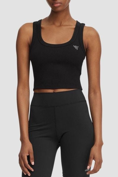 GUESS Czarny krótki damski tank top Silvy Rib, Rozmiar S. Czarne topy Guess, s, z aplikacjami, z materiału, bez kołnierzyka, bez ramiączek. W wyprzedaży za 79.99 zł.