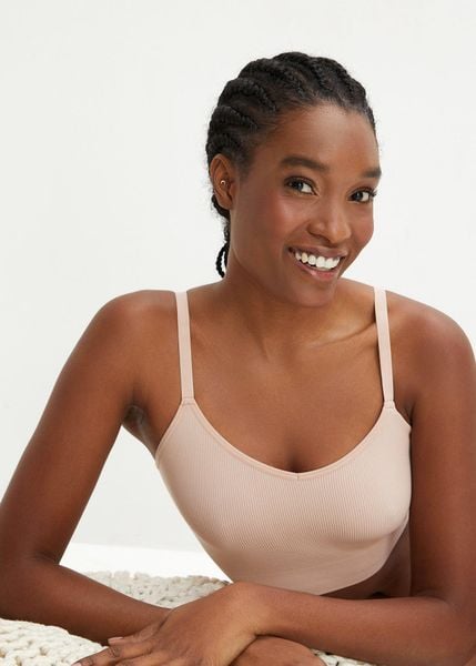 Biustonosz bustier bezszwowy Feel Comfort w prążek. Niebieskie biustonosze bonprix, bez wzorów, prążkowane. Za 44.99 zł.