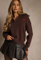 Brązowy Sweter z Wełną Wiskozą i Bawełną z Sercem Monisella. Brązowe swetry Renee, m, bez wzorów, z bawełny, bez ramiączek. Za 129.99 zł.