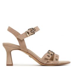 Sandały Tamaris. Brązowe sandały Tamaris, bez wzorów, bez obcasa, na słupku, bez zapięcia. Za 329.99 zł.