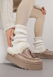 Ciemnobeżowe Śniegowce na Grubej Podeszwie z Haftem i Futerkiem Ezilune. Brązowe trapery i śniegowce Born2be, z jeansu. Za 99.99 zł.