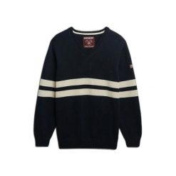 Damski oversize sweter w paski z dekoltem w serek Superdry. Niebieskie swetry Superdry, na zimę, bez wzorów, bez ramiączek. Za 326.85 zł.