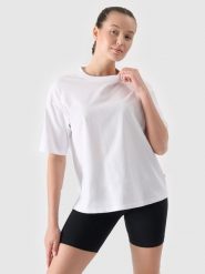 4F T-shirt oversize gładki damski - biały S. Białe t-shirty 4f, s, bez wzorów, z bawełny, bez kołnierzyka, bez ramiączek. W wyprzedaży za 29.99 zł.