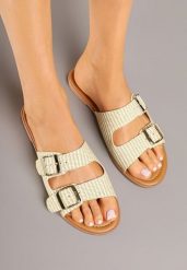 Beżowe Klapki z Dwoma Paskami i Klamrami Iffunise. Brązowe klapki Born2be, bez wzorów, z jeansu, bez obcasa, na płaskiej podeszwie. Za 44.99 zł.