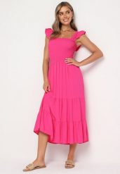 Fuksjowa Rozkloszowana Bawełniana Sukienka na Ramiączkach z Gumkami i Falbanką Mevesta. Czerwone sukienki Born2be, na spacer, na lato, l, bez wzorów, z bawełny, bez kołnierzyka, bez ramiączek, rozkloszowane. Za 49.99 zł.