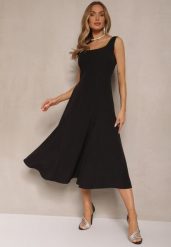 Czarna Rozkloszowana Sukienka w Klasycznym Stylu Deslene. Czarne sukienki Renee, na co dzień, l, bez wzorów, eleganckie, bez kołnierzyka, bez ramiączek, midi, proste. Za 69.99 zł.