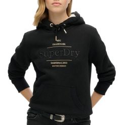 Bluza damska z kapturem Superdry Luxe Metallic Logo. Czarne bluzy sportowe Superdry, m, bez wzorów, z bawełny, z kapturem. Za 378.00 zł.