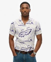 Superdry Lniana koszula z nadrukiem i rozpiętym kołnierzem. Szare koszule Superdry, xl, bez wzorów, ze lnu, casualowe, bez kołnierzyka, bez ramiączek. Za 284.90 zł.