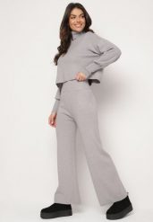 Szary Komplet Dzianinowy z Wiskozą Bluza Golf ze Ściągaczami i Szerokie Spodnie Noridra. Szare bluzy Born2be, bez wzorów, z dzianiny, bez kaptura. Za 119.99 zł.