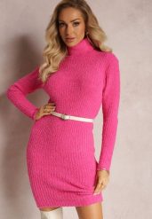 Fuksjowa Sweterkowa Sukienka Mini w Prążki z Wełną Klonxe. Czerwone sukienki Renee, bez wzorów, z dzianiny, bez kołnierzyka, bez ramiączek, mini. Za 69.99 zł.